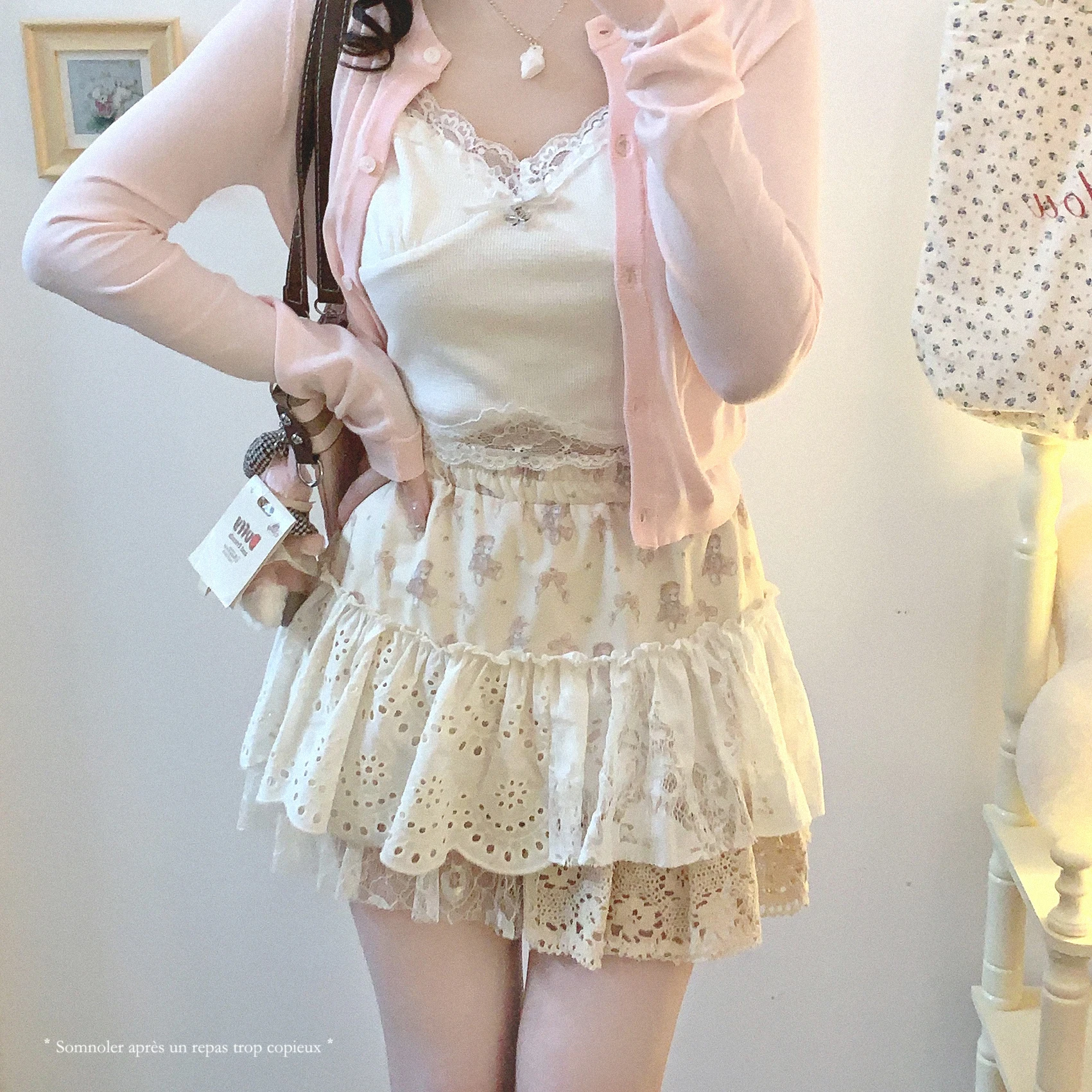 Japanese Elegant Retro Sweet Girl Skirts Elastic High Waist Lace Splicing Cute Bear Print Versatile Mini Cake Skirt Women Summer