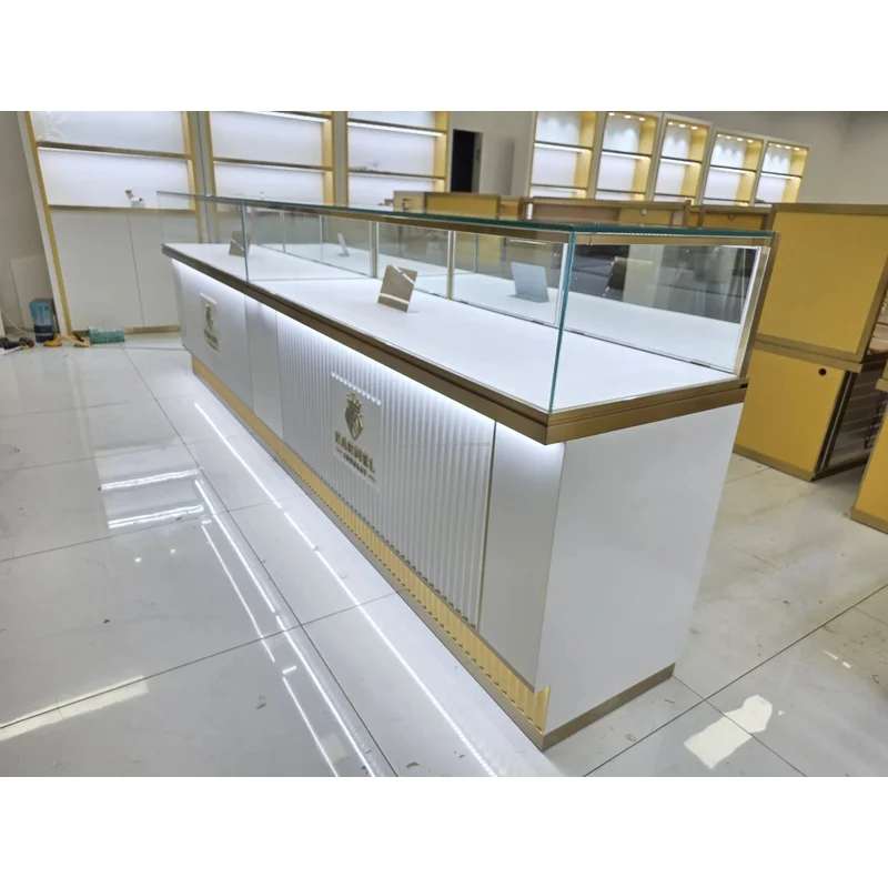 custom.Elegant Jewelry Glass Display LED Showcase Counter Custom Stainless Steel Jewelry Showroom Furniture Retail Heavy Du