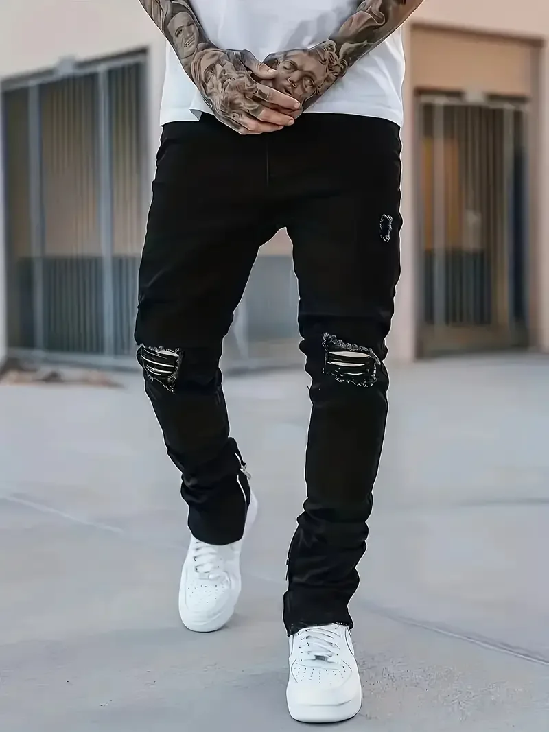 

Men's casual jeans - Street style, comfortable stretch denim, hole details, zipper design, suitable for all seasons