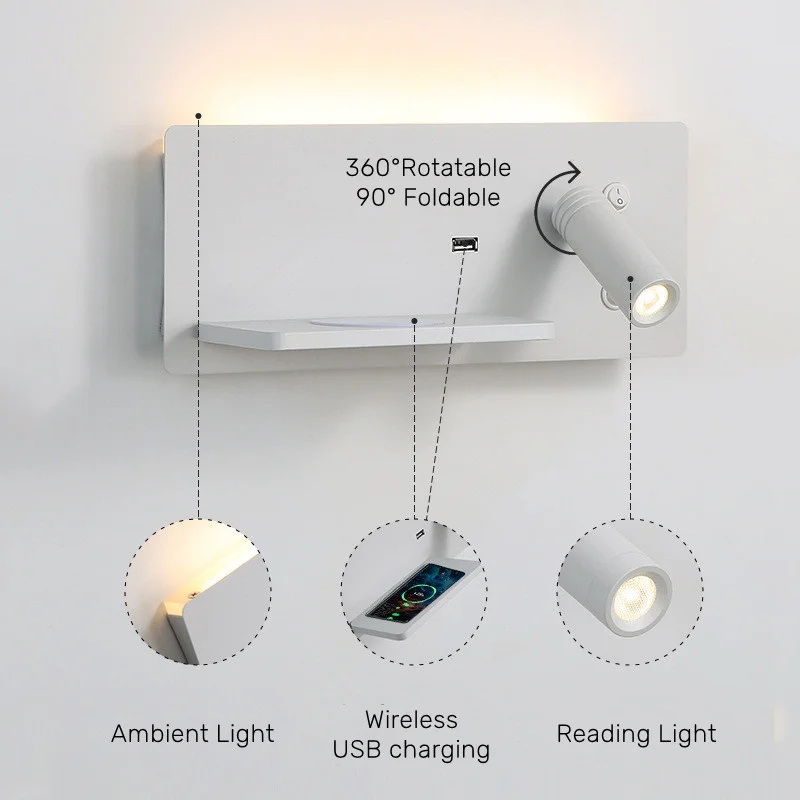 Imagem -02 - Bedside Led Wall Lights com Interruptor Usb Prateleira Backlight Carregamento sem Fio Lâmpadas de Leitura Estudo do Quarto Spotlight Sconce