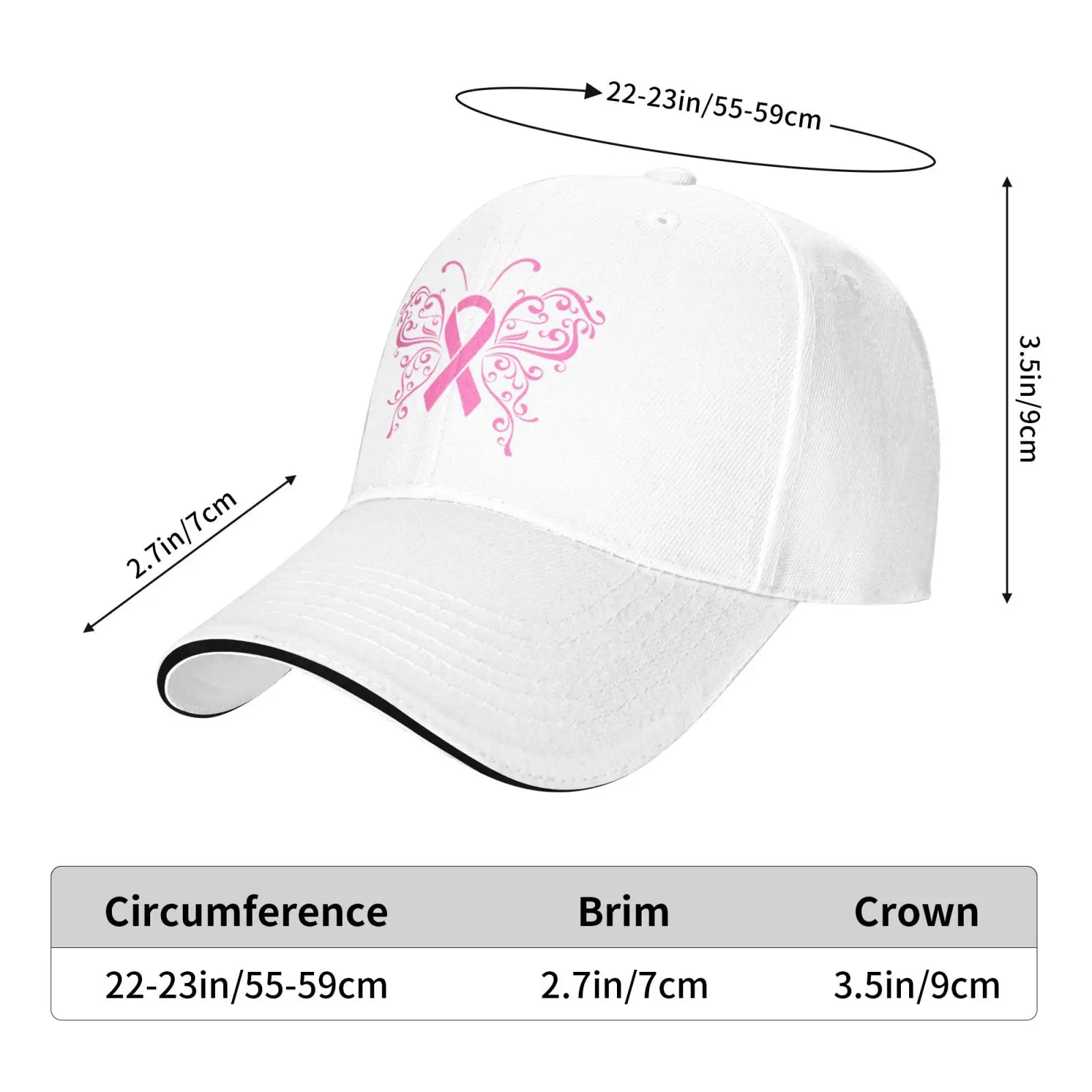 قبعات ساندويتش مغسولة للتوعية بسرطان الثدي بشريط وردي على شكل فراشة وردية، قبعات للنساء