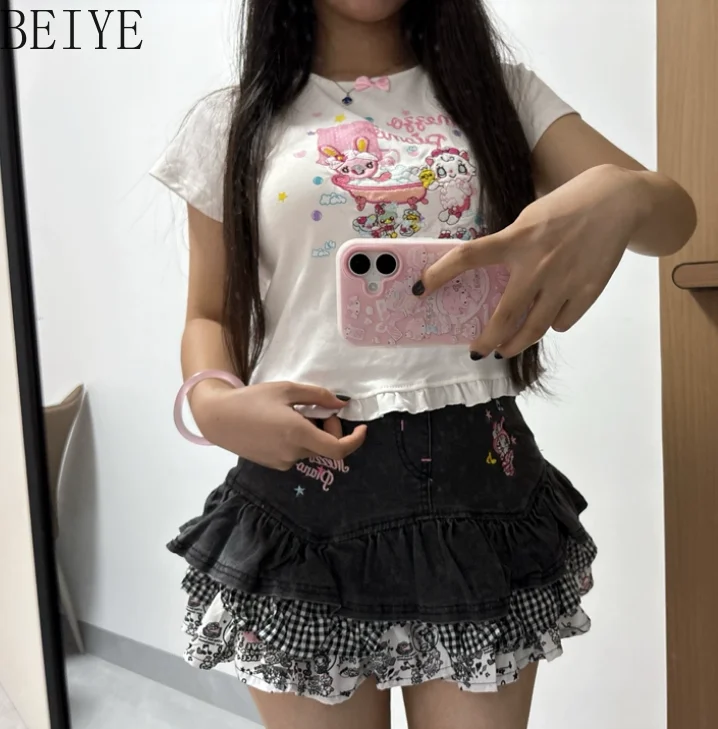 Japanese Style Cute Children's Denim Skirt Cute Embroider Cartoon Pleated Exquisite Vintage Summer Short Skirts for Girl