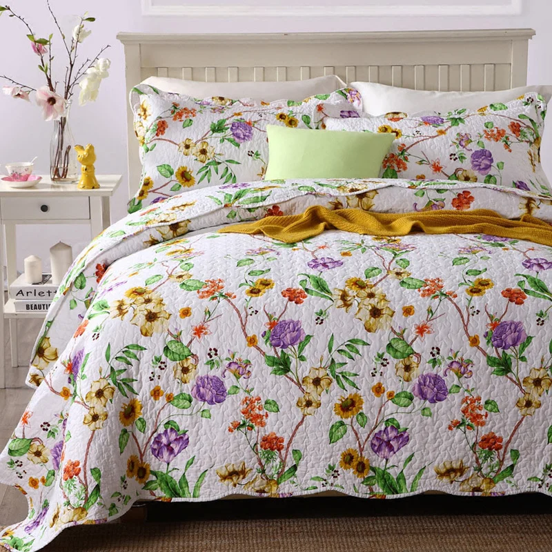 Twill Cotton Bedspread Set, Padded Quilt Blanket, Summer Comforter Coverlet, Floral Bed Cover Queen Size, Home Bedding Set 3pcs