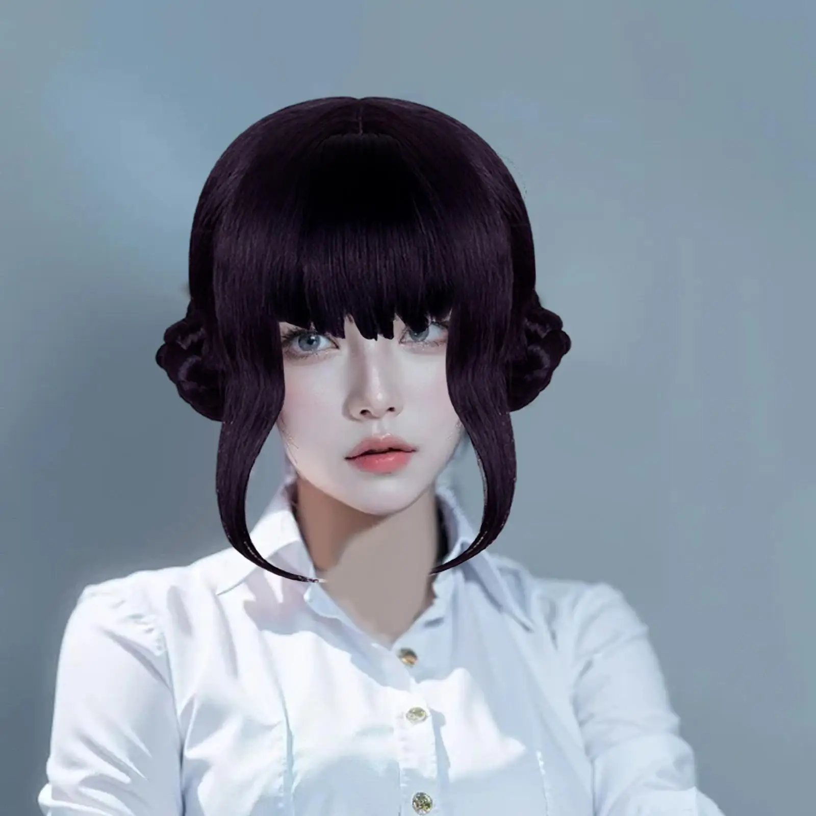 

Black Purple Cosplay Wig Fashionable,Short with 2 Buns Gothic for Game Anime Costume Party Role Playing Party