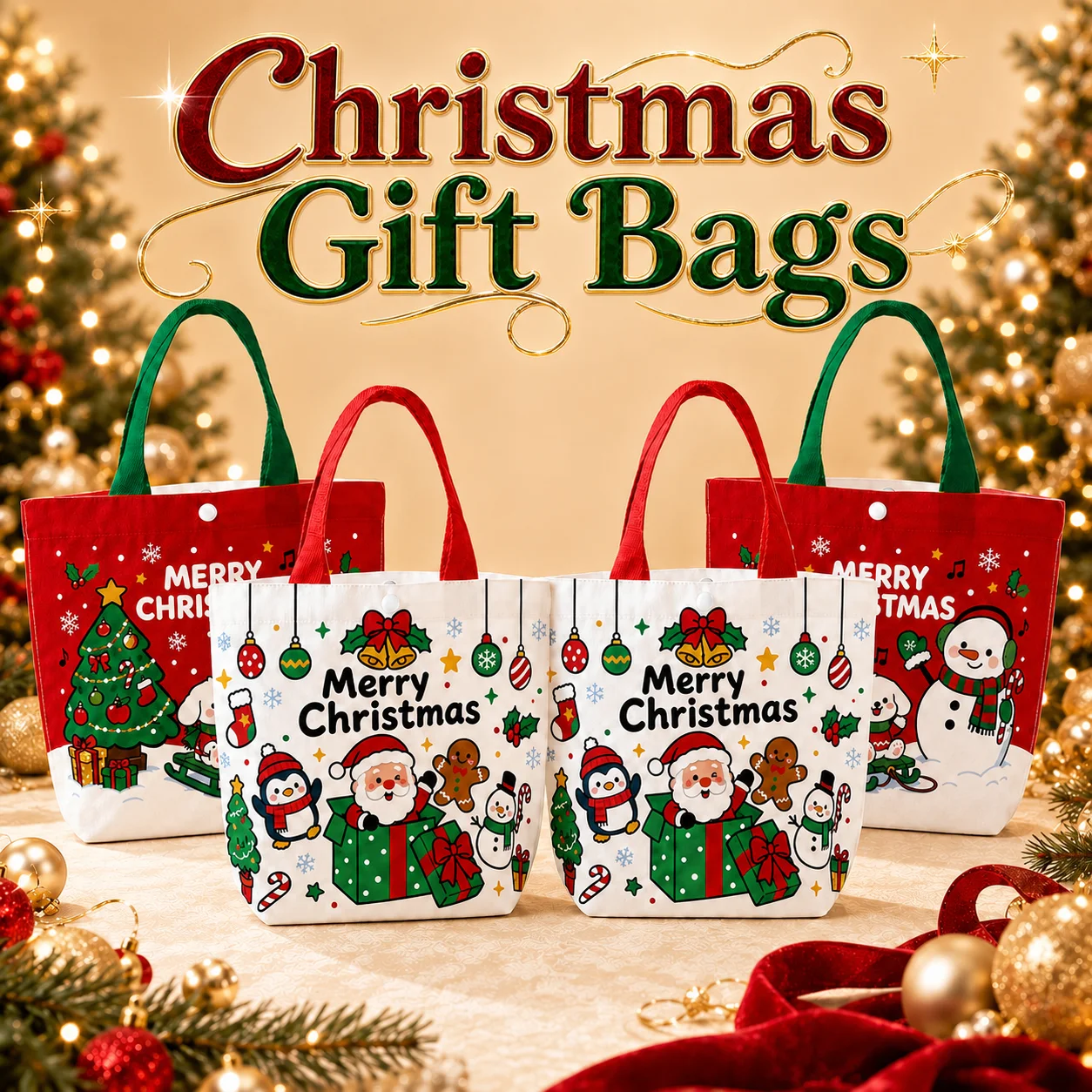Christmas Tote Bag  Cotton Canvas Shopping Bag Reusable Shopping Bag Lovely For Daily Shopping Holiday Gift Wrapping