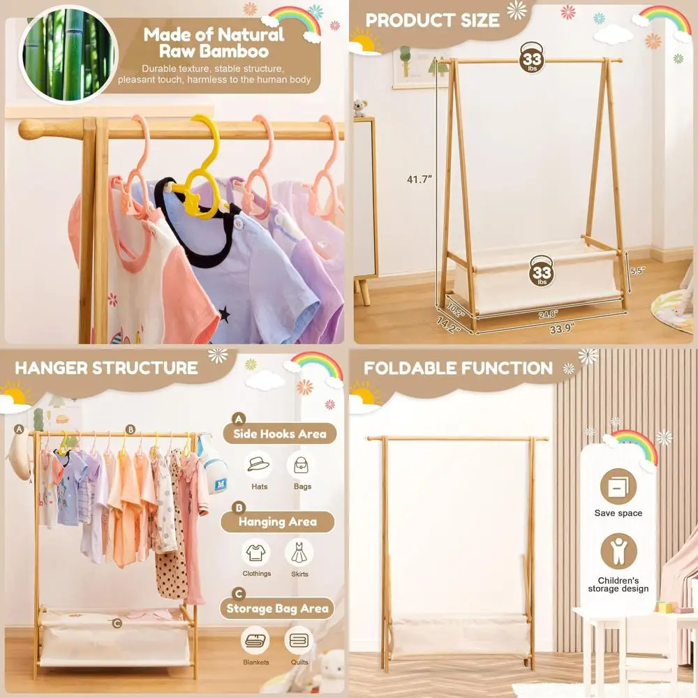 

Bamboo Kids' Clothing Rack with Storage, Dress-Up Organizer, Foldable Garment Stand