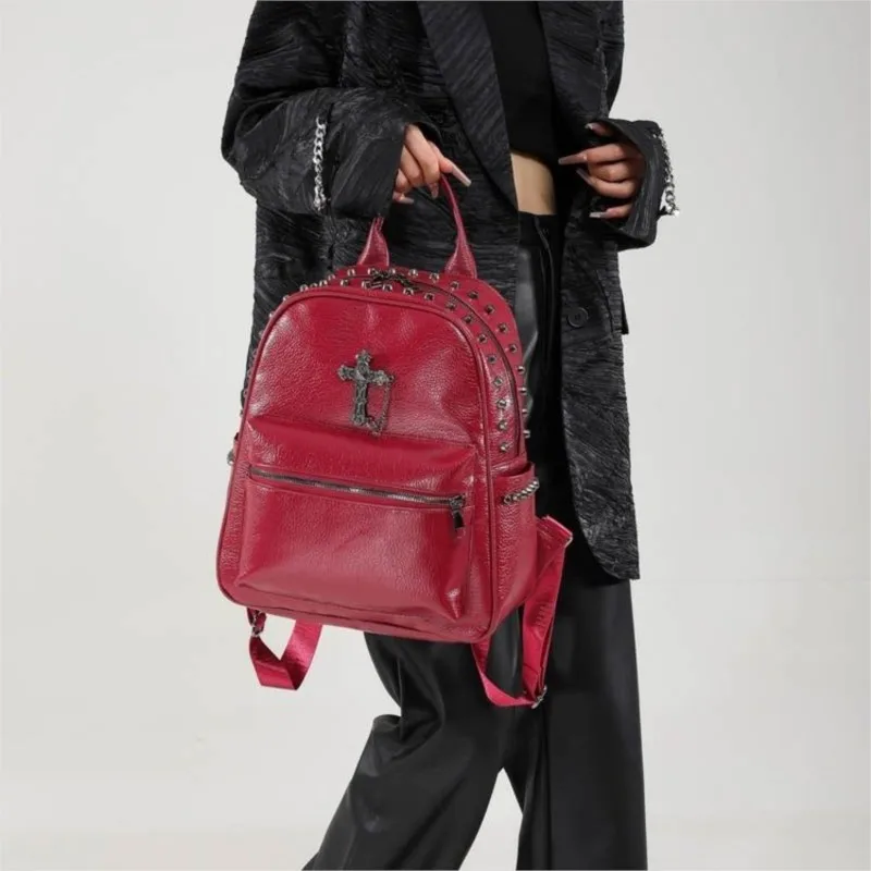 حقيبة ظهر متقاطعة بسلسلة مرصعة بتصميم عتيق للفتيات من الجلد بسعة كبيرة حقيبة نهارية للسيدات Harajuku Y2k موضة Mochilas Mujer Chic #3
