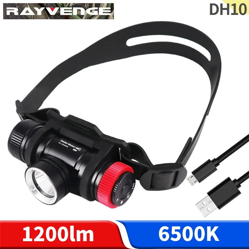 

DH10 1200 lumen Pro diving headlamp 6500K scuba diving lights Underwater 100m free dive headlight Night diving lighting headlamp