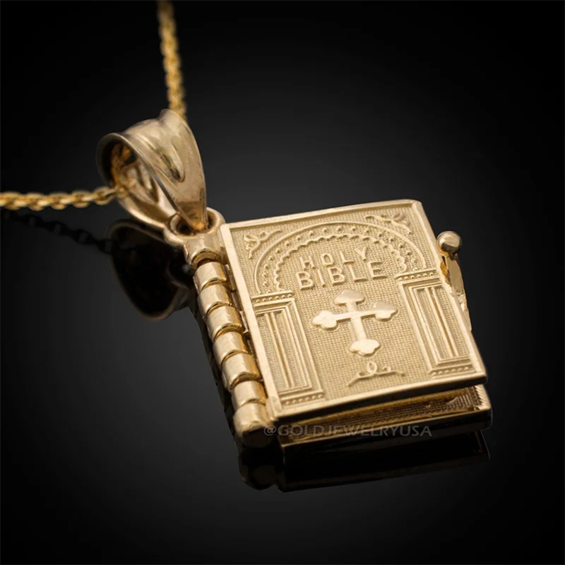 Openable Holy Bible Book Pendant Necklaces Religion Women Gold Color Turnable Pages Church Book Necklaces Christian Judaism