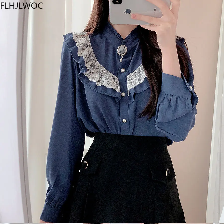 2022 Autumn Women\'s Cute Sweet Girls Vintage White Lace Ruffled Ribbon Tops Hot Sales Button Elegant Formal Shirts Blouses White