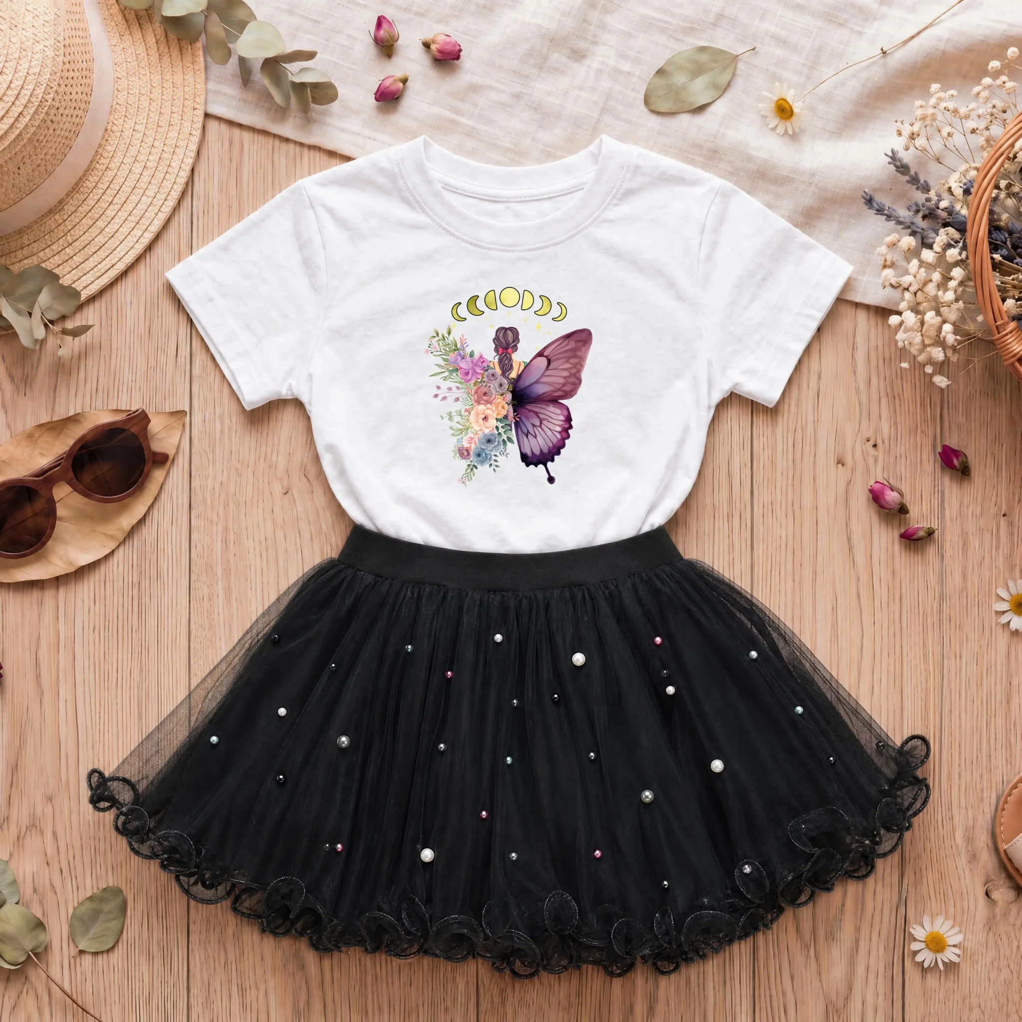 Sommer-Outfits für kleine Mädchen: Schmetterlings-T-Shirt und Tutu-Kurzrock, Kinderkleidung mit Print, 2-teiliges Set