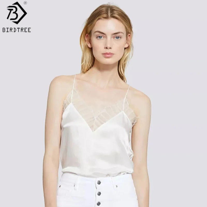 

Birdtree 100% шелковая кружевная майка, женское однотонное дышащее свободное нижнее белье с v-образным вырезом, жилет, новинка 2025, T57626JF