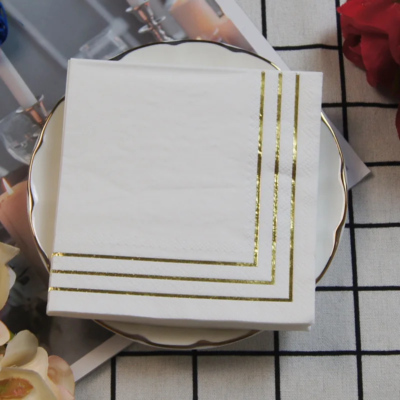 50pcs White and Gold/Silver Cocktail Beverage Napkins Gold Foil Decorative Stripes for Wedding Dinner Party 2-Ply 25CM X 25CM