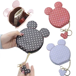 Mickey Mouse Head Zipper Coin Purse Disney Cute Anime Model Wallet for Women Polka Dot Pattern Leather Card Bag with Keychain