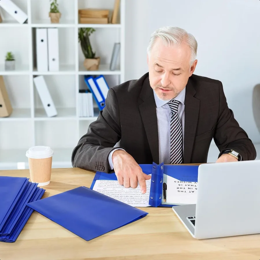 48 قطعة من المجلدات البلاستيكية مع جيوب وشقوق 2 مجلدات جيب شديدة التحمل مع 3 شوكات ومثبتات للمكتب باللون الأزرق الكلاسيكي