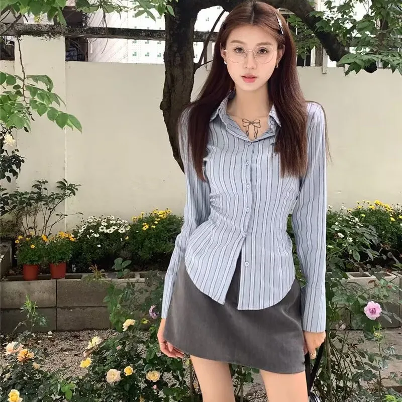 Japanese Korean College Style Set Jk Uniform Girls Striped Long Sleeves Shirt Grey Half Skirt two-piece Fashion Jk Set For Women