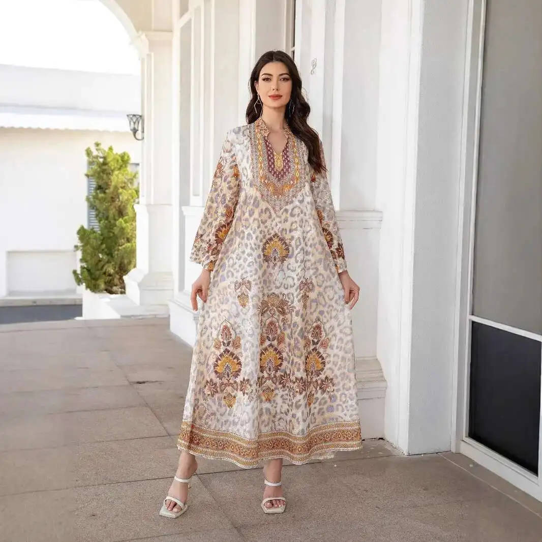 

Women's 241108 Muslim Clothing Long Robe Embroidered Fabric Print Rhinestone Women's Long Dress Abayas Islam Elegant