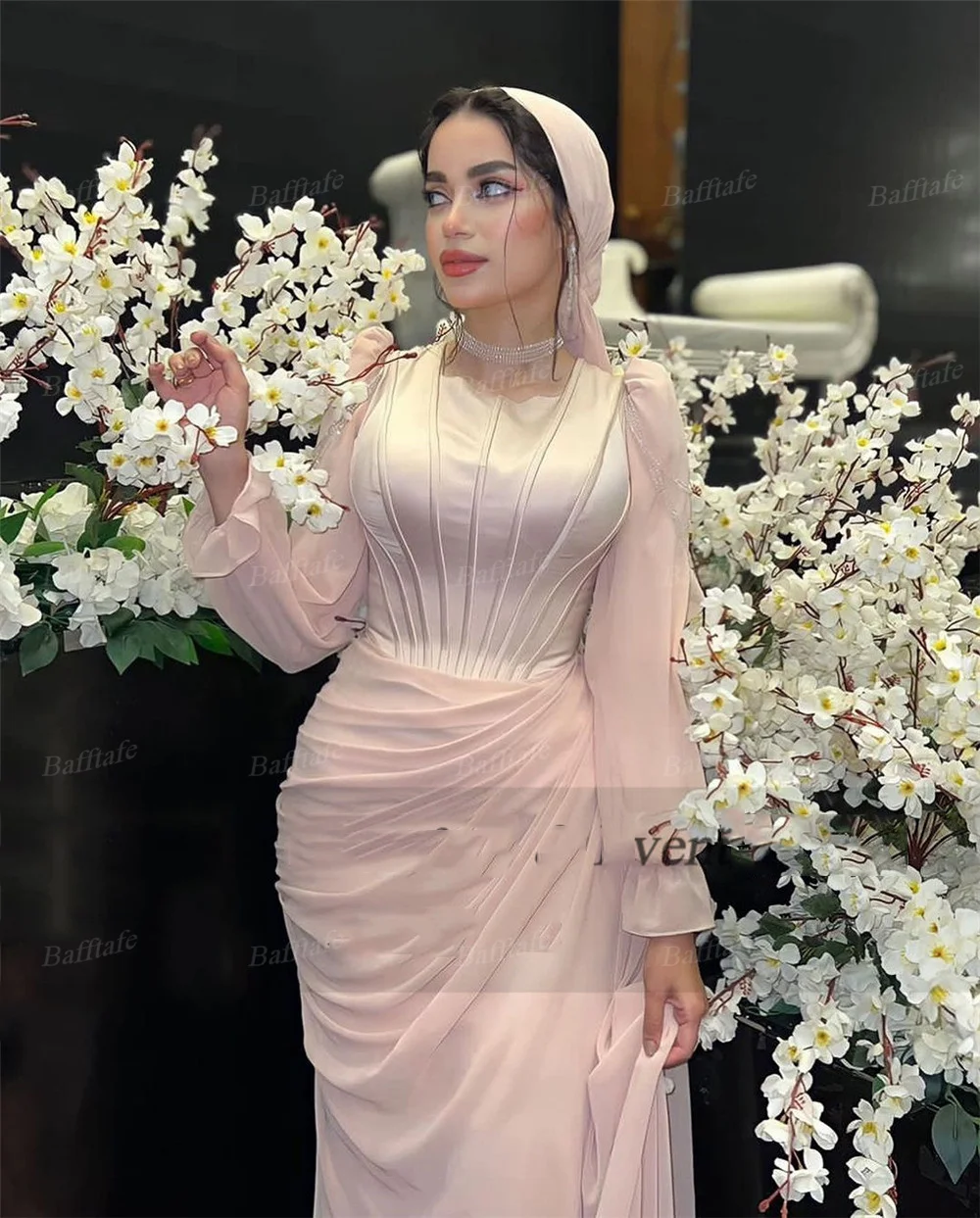 Bafftafe Modest Long Sleeves Chiffon Women Prom Dresses Saudi Arabia Satin Bones Special Evening Dress Formal Party Gowns 2024