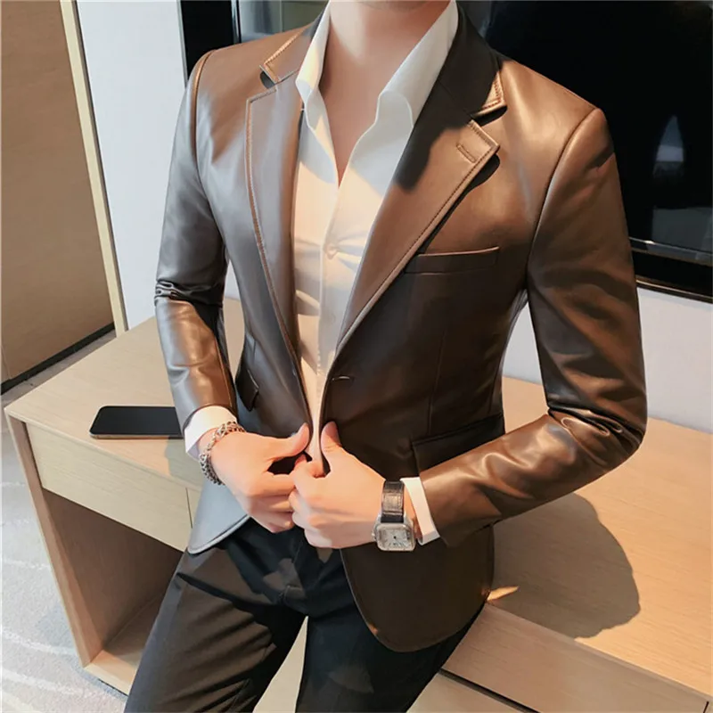 Autumn Winter Men\'s Leather Jackets Fashion Slim Solid Color Turn Down Collar Leather Blazer Coats Men Business Casual PU Jacket