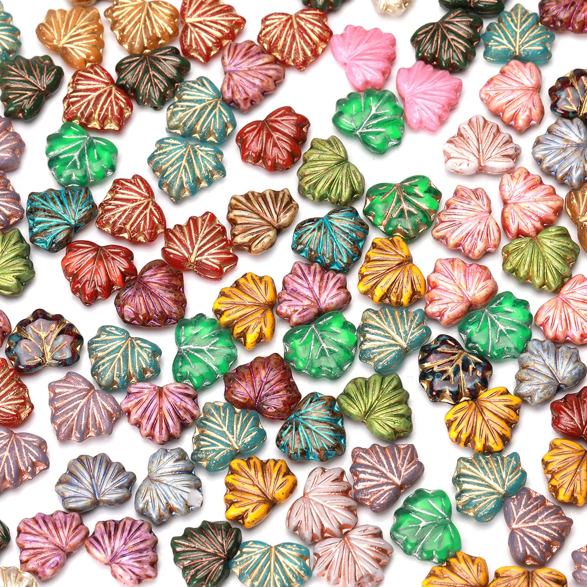 4/9pcs Random Color Gold Painted Leaf Glass Beads 11*13mm Loose Beads For Bracelet Jewelry DIY Craft Making