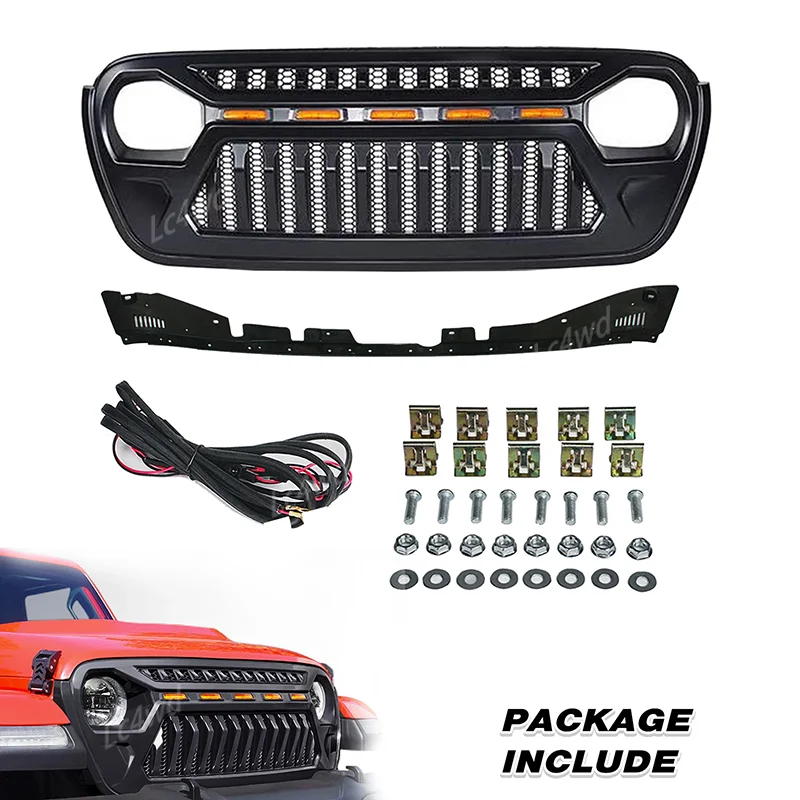 Lc4wd 4x4 acessórios exteriores grade de malha dianteira grelhas de corrida com luzes led âmbar para 2018-2024 jeep wrangler jl jlu jt
