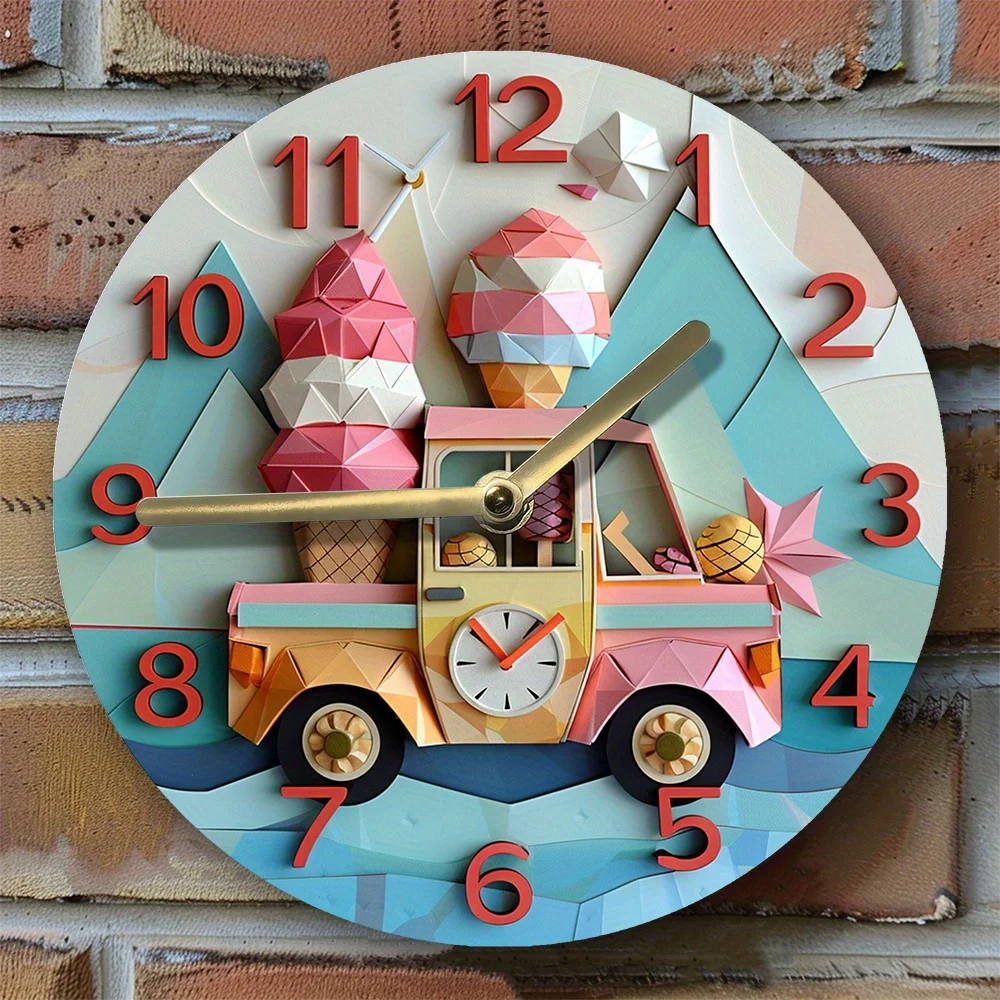 Silent Aluminum Wall Clock with Ice Cream Truck Design- Perfect for Living Room Decor & Halloween Gifts Wall Clock Modern Design