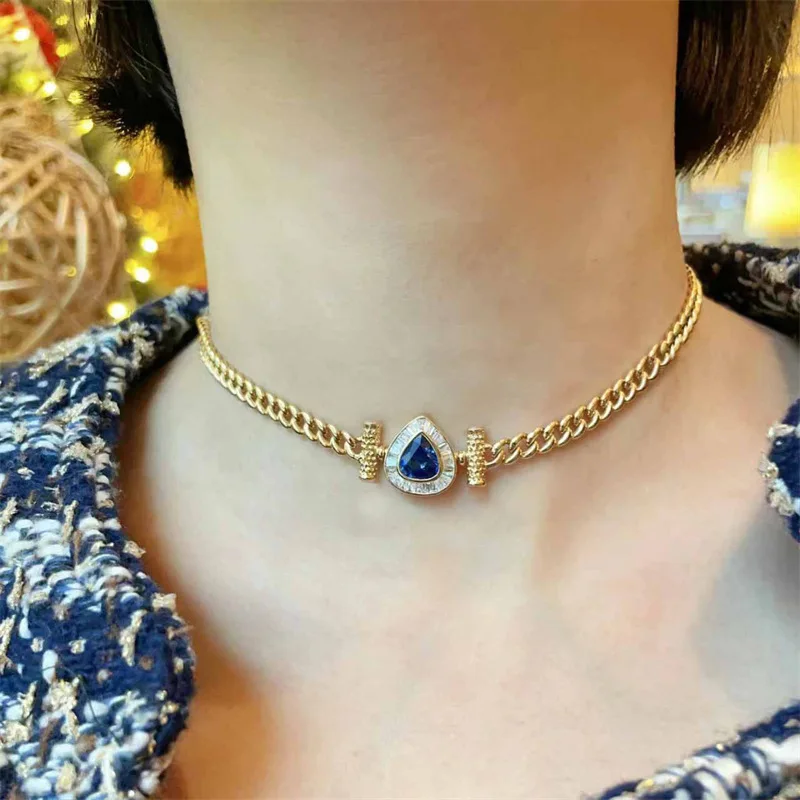 

Новинка: колье-цепочка в стиле кубинского плетения с синим камнем в форме капли воды, ретро, элитное, для женщин, легкая роскошь, украшение для банкета