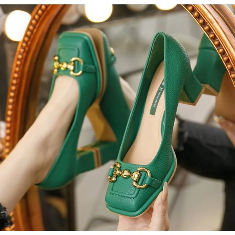 Women's Mid-heel Pumps 2025 Summer French Style Back Empty Female Thick Heel Square Toe Mary Jane Shoes Black Green Talon Femme