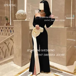 SPRAYING Black Elegant Satin Flower Long Evening Dress Strapless Long Sleeves Prom Dress Side High Slit Formal Party Dresses