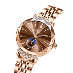 Reloj elegante de acero dorado para mujer, pulsera de mano fina, resistente al agua, de lujo, color marrón