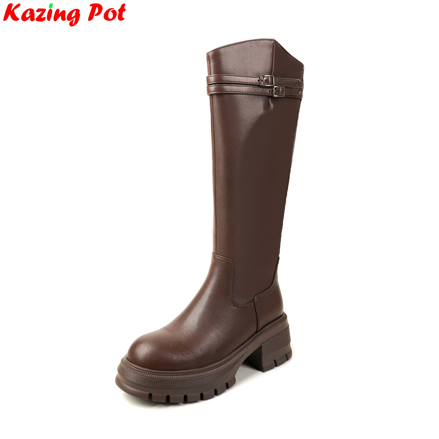

2026 Cow Split Leather Round Toe Thick Bottom Belt Buckle Causal Winter Shoes Punk Platform Concise Retro Women Thigh High Boots