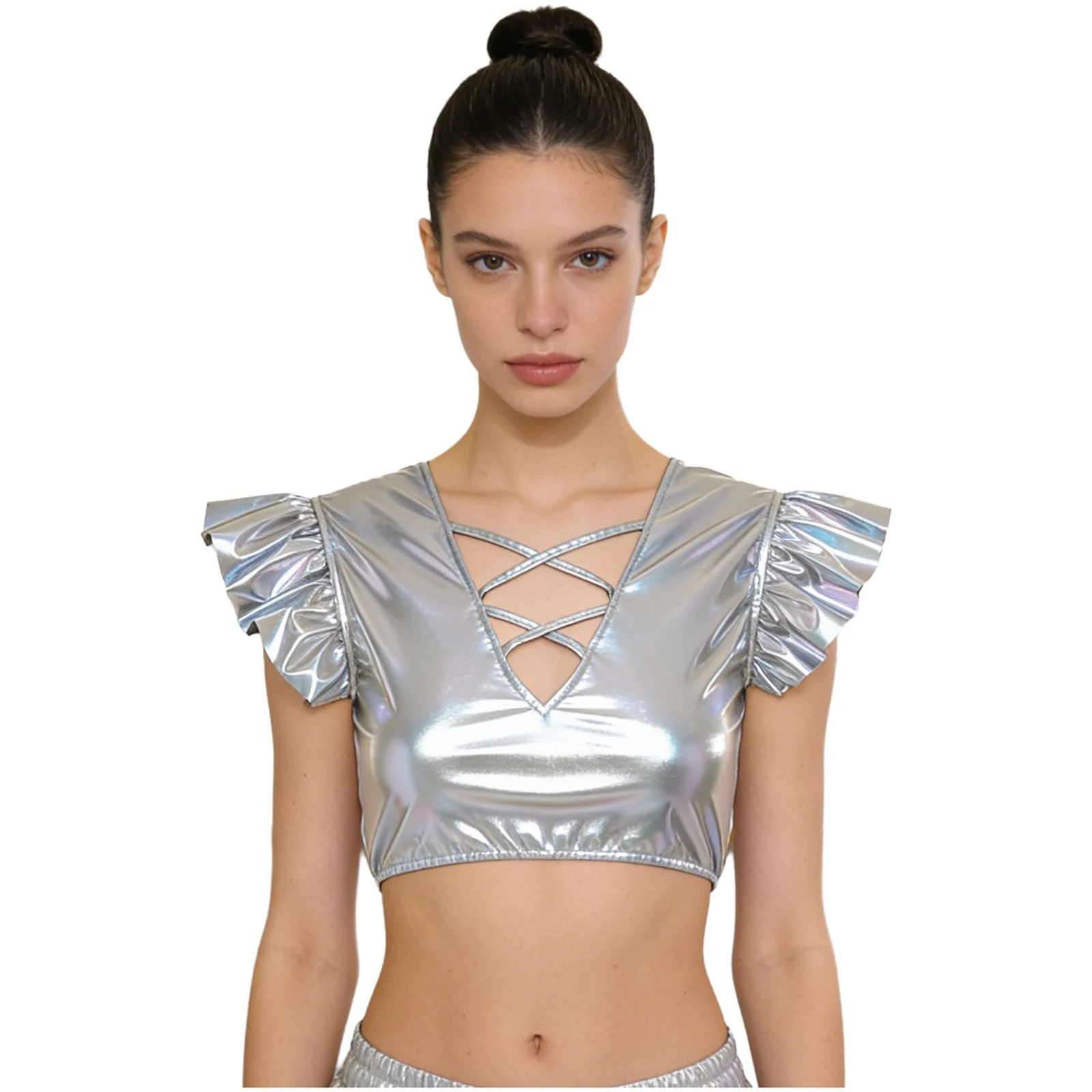 

Women Metallic Cutout Pullover Crop Tops Modern Pole Dance Festival Costume Strappy V-shaped Tank Top for Party Raves Clubwear