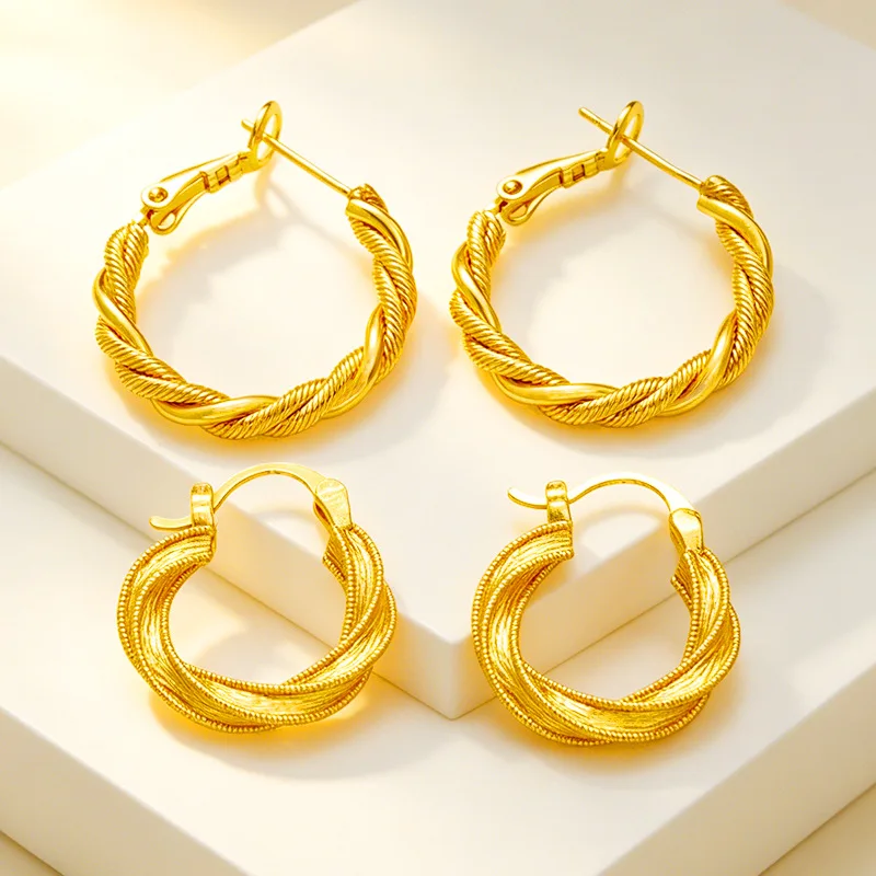 Luxury 24K 9999 Pure Gold real gold Women's circle earrings luxury twist ear ring