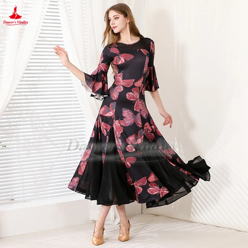 Adult Social Dance Middle-length Sleeve Big Swing Dresses Waltz Foxtrot Quickstep Tango Flower Print Professional Dancing Clothe