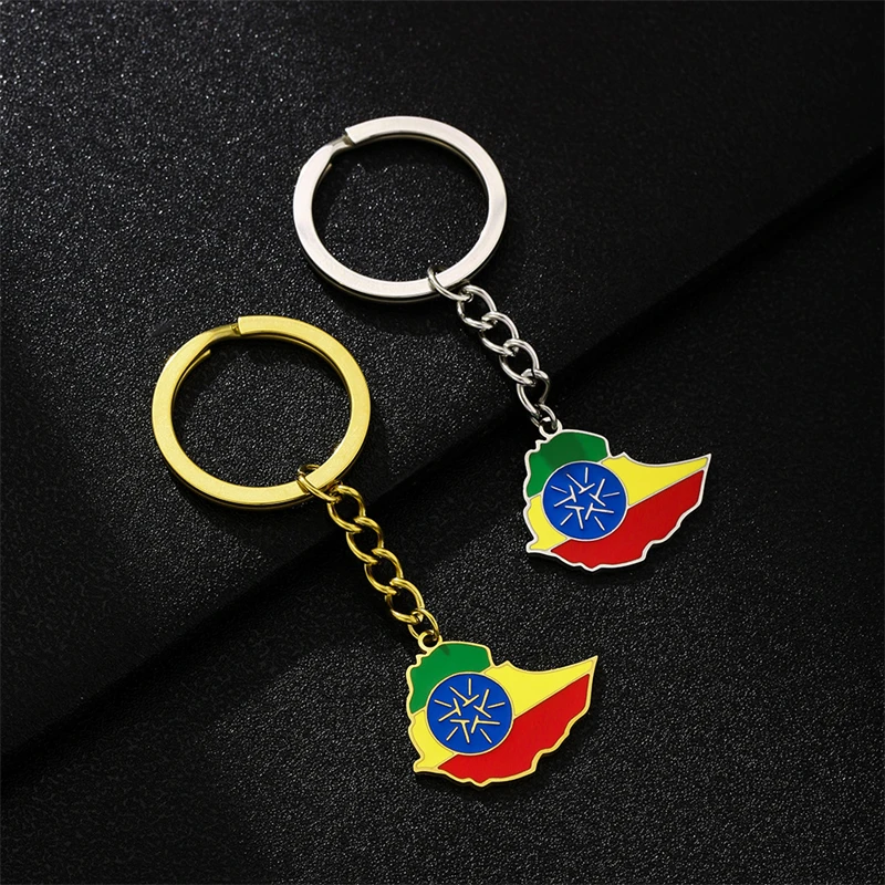 Fashion Enamel Ethiopian Map Flag Keychain Stainless Steel Gold Silver Color Ethiopia Outline Emblem Ethnic Patriotic Jewelry