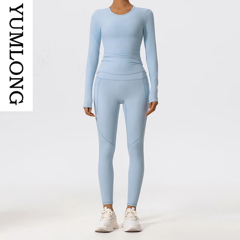 Женский комплект для йоги, комплект из 2 предметов, ультра-мягкий дышащий спортивный костюм с длинными рукавами, быстросохнущая спортивная одежда, спортивная одежда, плотный спортивный костюм для йоги, 2025