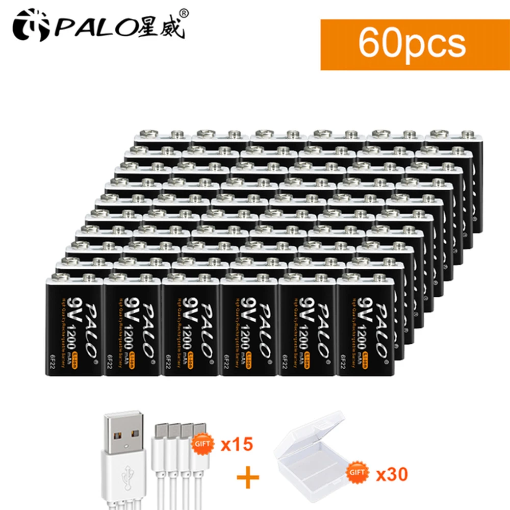 

PALO 60pcs 1200mAh 9V Rechargeable Battery 9v 6F22 Li-ion Battery with USB Cable for Multimeter Microphone Metal detector