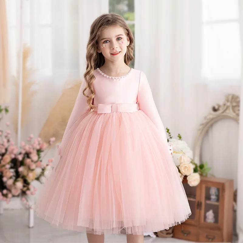 

It's Yiiya Customized Flower Girl Dress Pink Satin Tulle Beads O-neck Full Sleeves Bow Belt A-line Tea-length Kids Gowns T093