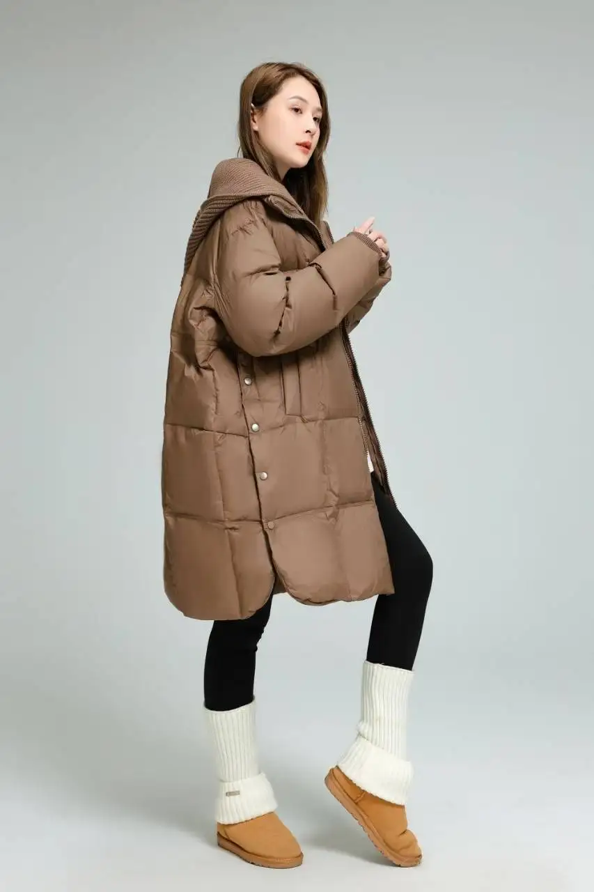 Winter Knitted Hooded Splice Down Jacket Women White Duck Down Double Zipper Outwears Female Warm Mid-length Parker Down Jacket