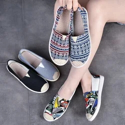 Fashion Women Slip on Flats Print Flat Bottom Light Mesh Lazy Fisherman Shoes Canvas Breathable Flat Women's Single Shoes