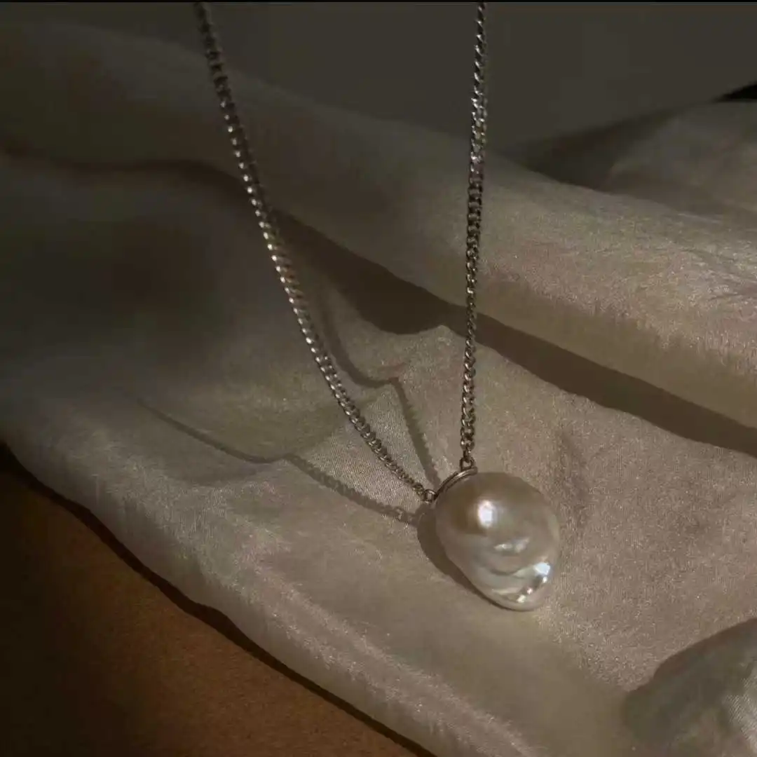 

Certificated 925 Silver Irregular Baroque Pearl Necklace Aesthetic Silver Cuban Chain Freshwater Pearl Personality Ins Jewelry