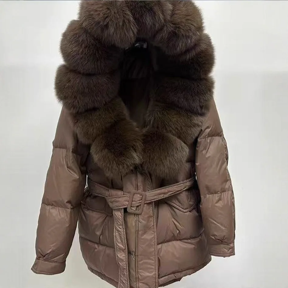 الشتاء الثعلب الفراء طوق أسفل سترة المرأة منتصف طول الأبيض بطة أسفل رشاقته معاطف الشتاء الطبيعي كبير الفراء طوق أسفل سترة #4