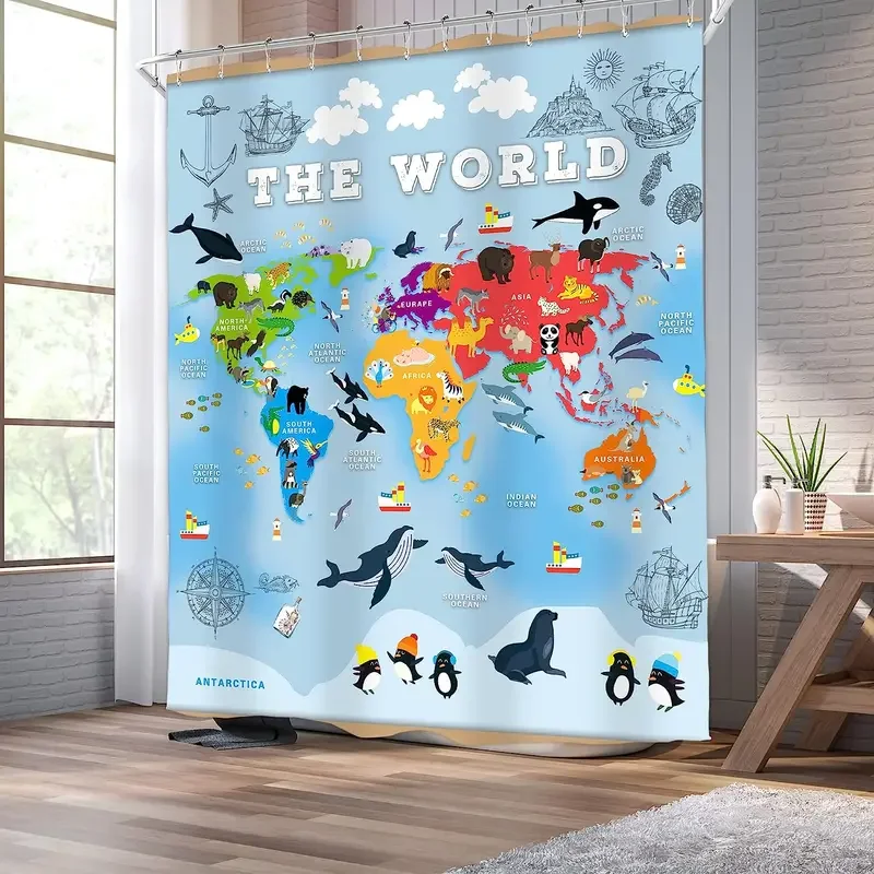 Kid Cartoon Animal World Map Shower Curtains Cute Sea Animals Nautical Wildlife Ship Antarctica Geography Tools Bathroom Decor