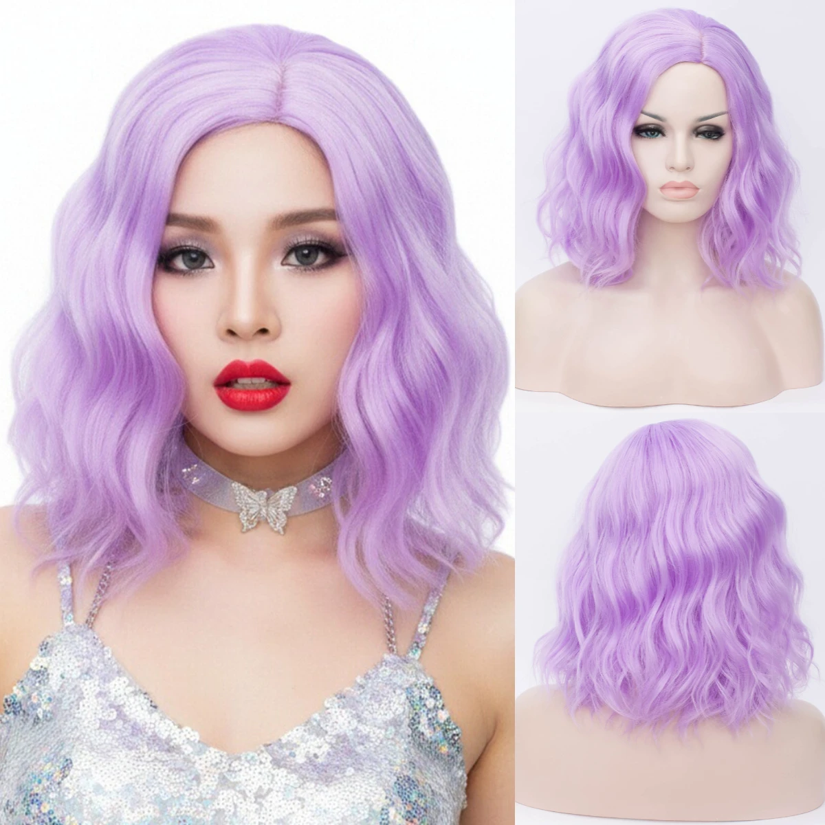 المرأة الاصطناعية قصيرة مجعد الضوء الأرجواني شعر مستعار مع الانفجارات الجانبية لوليتا حفلة تأثيري هالوين شعر مستعار مقاومة للحرارة