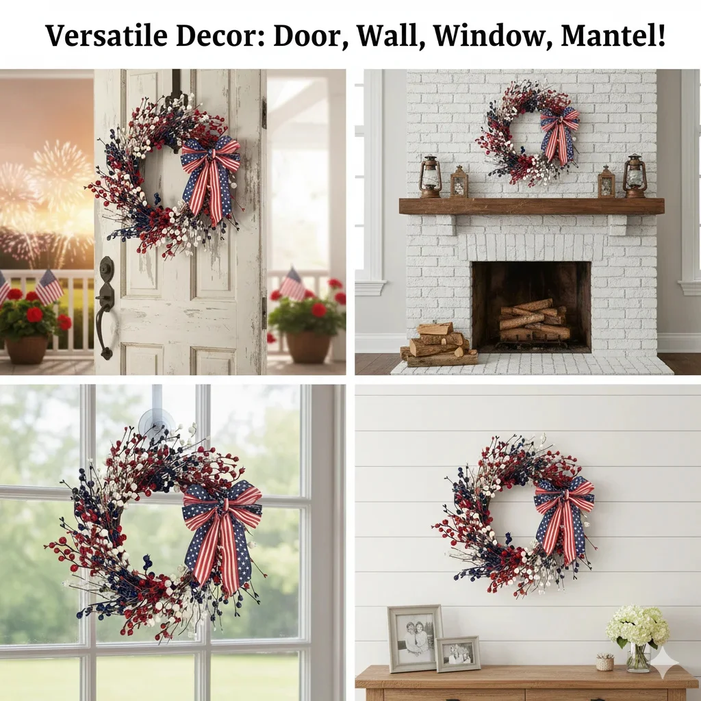 

Independence Day Patriotic Wreath Large Red White Blue Berry Door Hanger With American Flag Bow For Memorial Day Decor