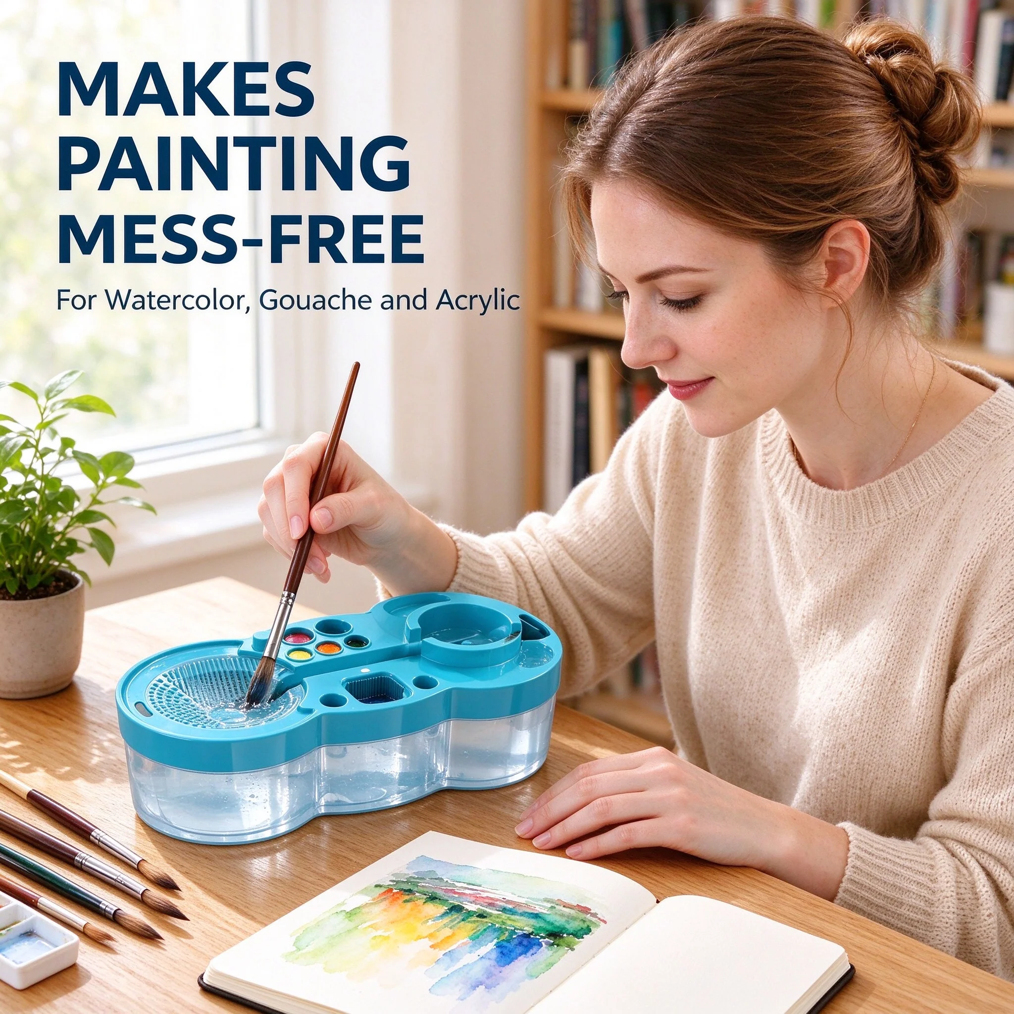 Watercolor Brush Rinser, One-Touch Circulation Brush Washer with 8-Well Palette, 400ml+500ml Cleaning Basin for Art Students