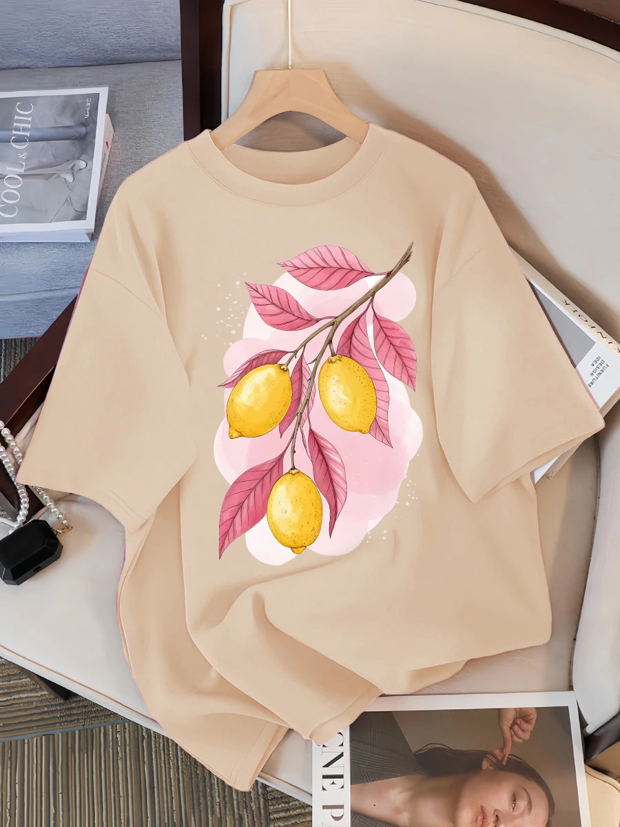 

Fresh Lemon Fruit Print Women T-Shirts Cotton Crewneck Short Sleeve Trendy Loose Streetwear All-Match Summer Female Clothes