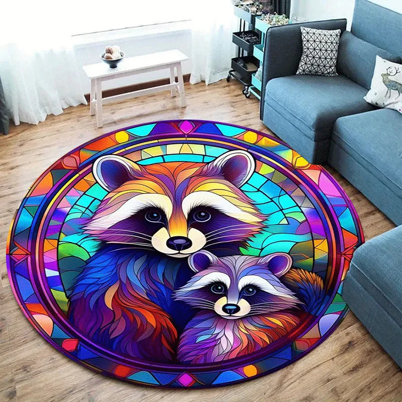 

Stained Glass Raccoon Round Rug Non-Slip Machine Washable for Bedroom Living Room Laundry Room Decor