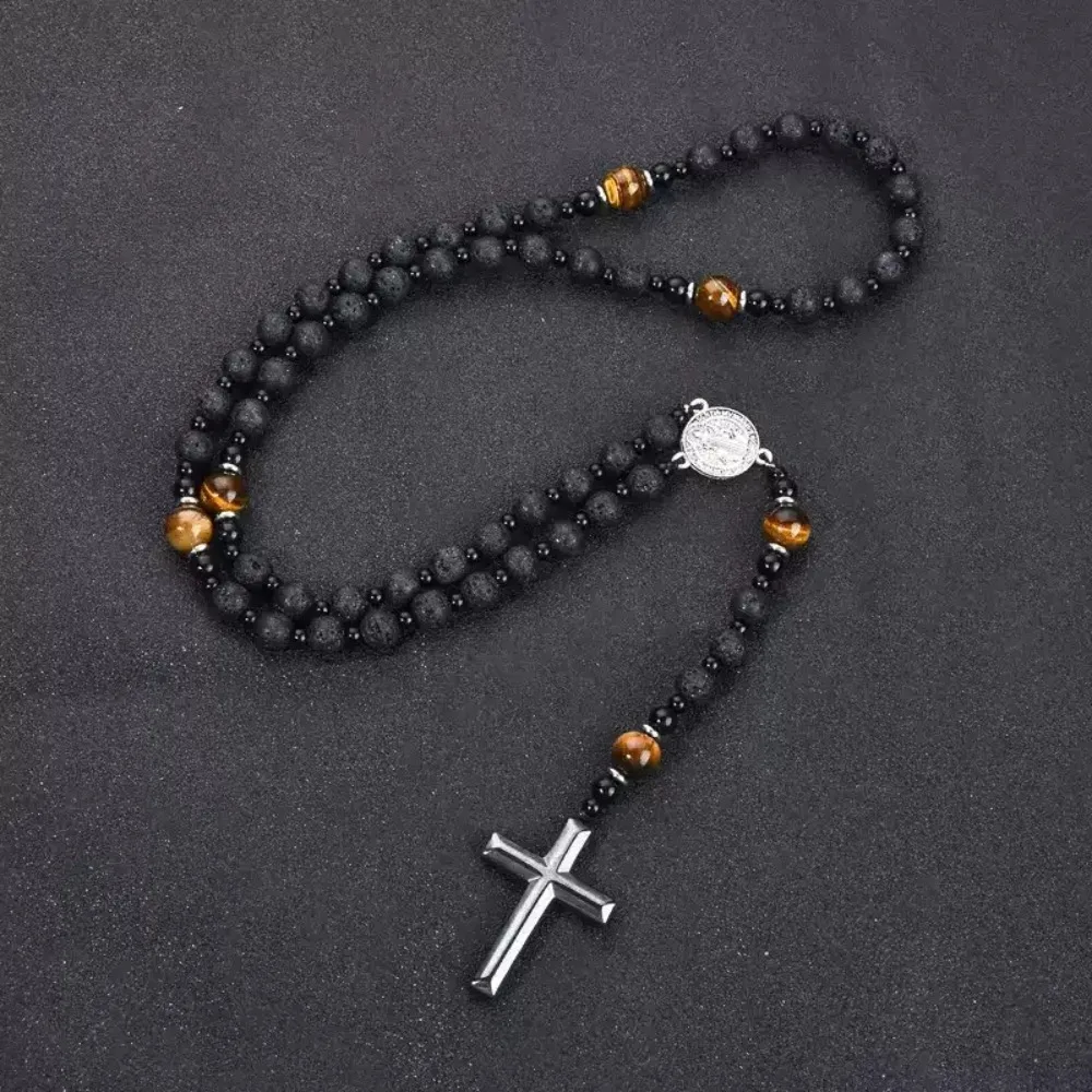 

Fashion Cross Pendant Beaded Long Necklace Women Men Charm Tiger-eye Beads Necklace Accessory Rosary Neck Jewelry Gifts