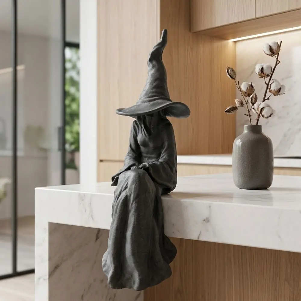 3D Printed Halloween Sitting Witch Figurine Gothic Dark Style Mystery Witch Ornament Break-Resistant Plastic